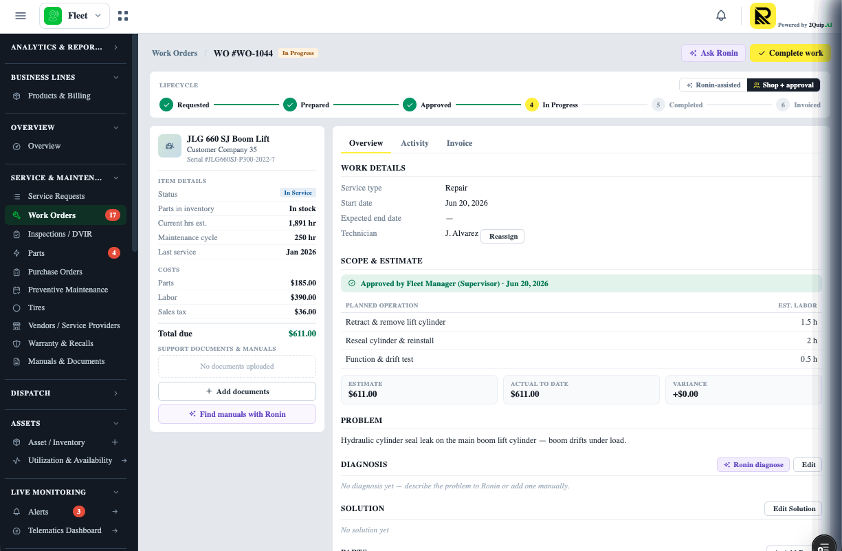 2Quip Fleet app showing maintenance, preventive-maintenance scheduling, utilization and dispatch in a single view.