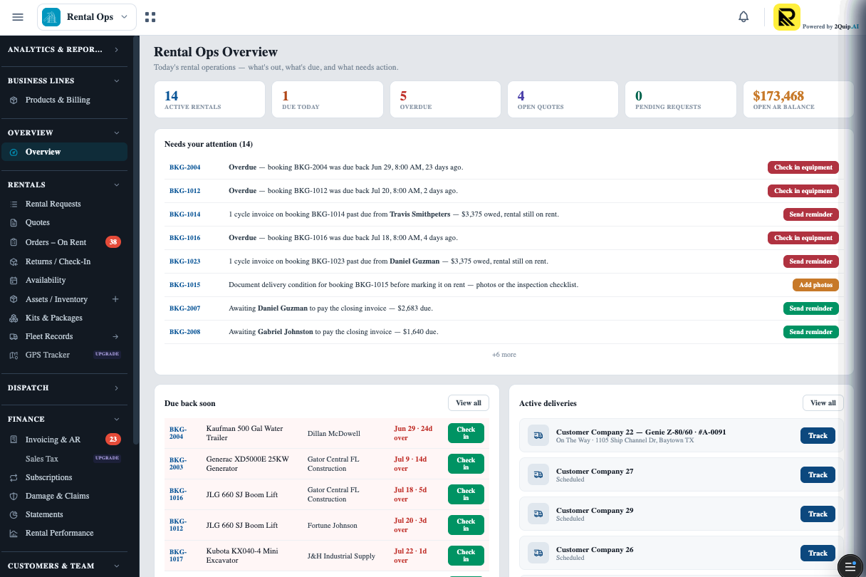 2Quip Rental Ops app showing bookings, quotes, a branded storefront and invoicing.