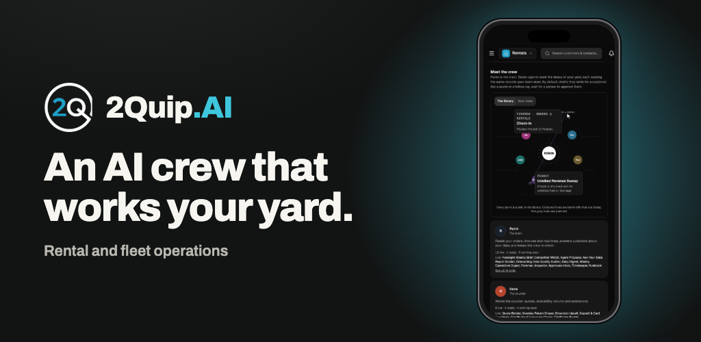 2Quip.AI mobile app showing the AI crew network with Ronin at the center — An AI crew that works your yard