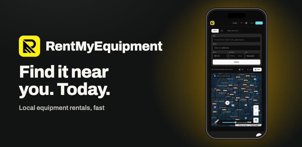 RentMyEquipment mobile app showing a map of nearby equipment rentals with prices — Find it near you. Today.